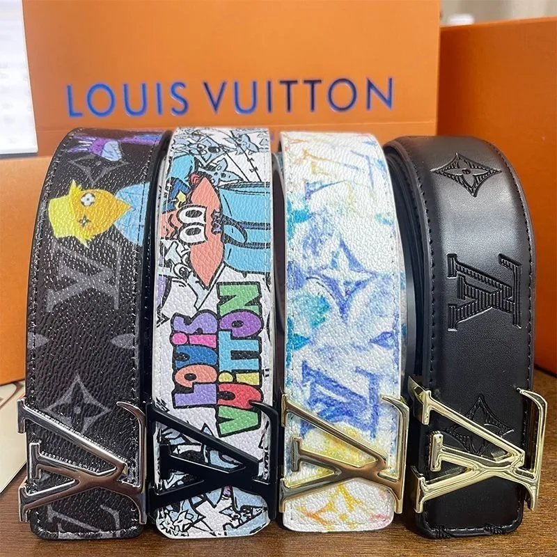 Belt Men's New Fashionable Versatile Leather Plaid Business Graffiti Letter Smooth Jeans Same Style Trendy Mesh