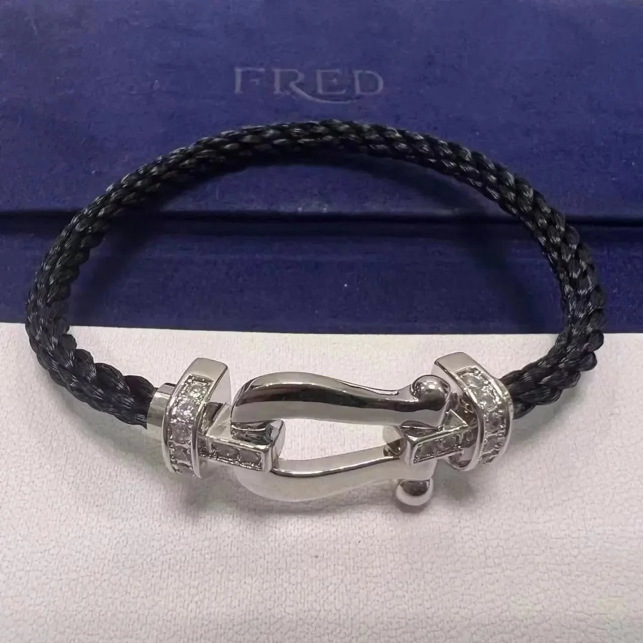 FRED Jewelry Force 10 cable bracelet with buckle clasp — TOP Quality Black Nylon Rope Half Diamond Silver Horseshoe Buckle