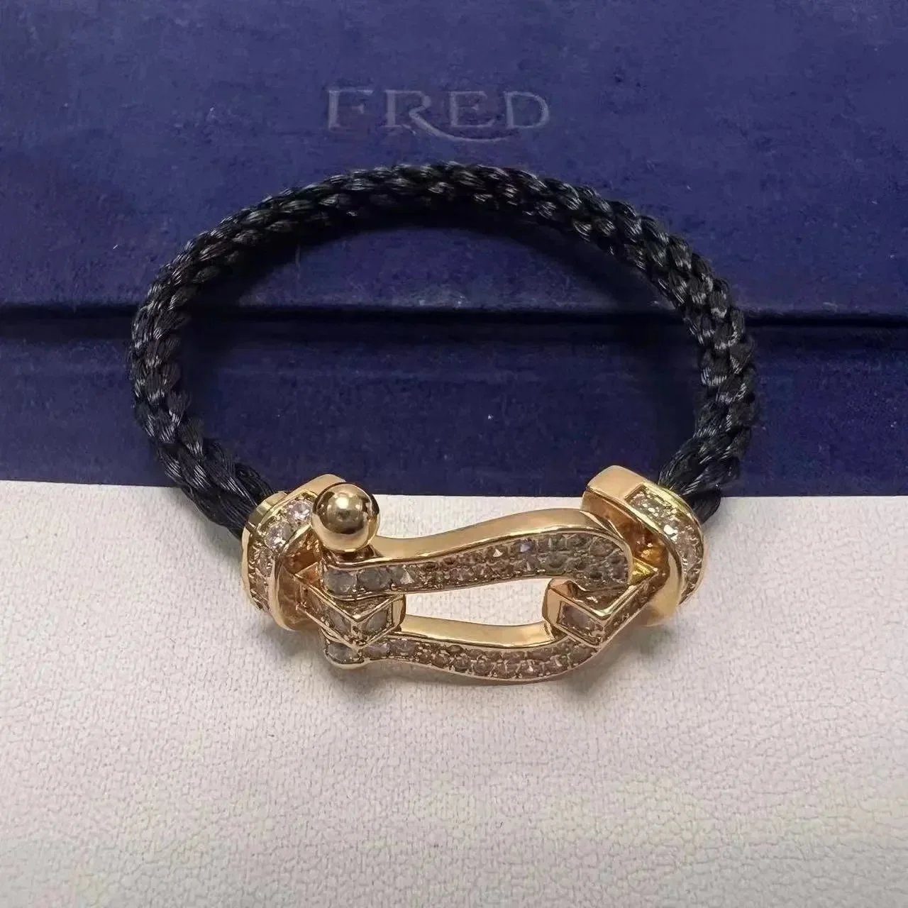 FRED Jewelry Force 10 cable bracelet with buckle clasp — TOP Quality Black Nylon Rope Full Diamond Rose Gold Horseshoe Buckle