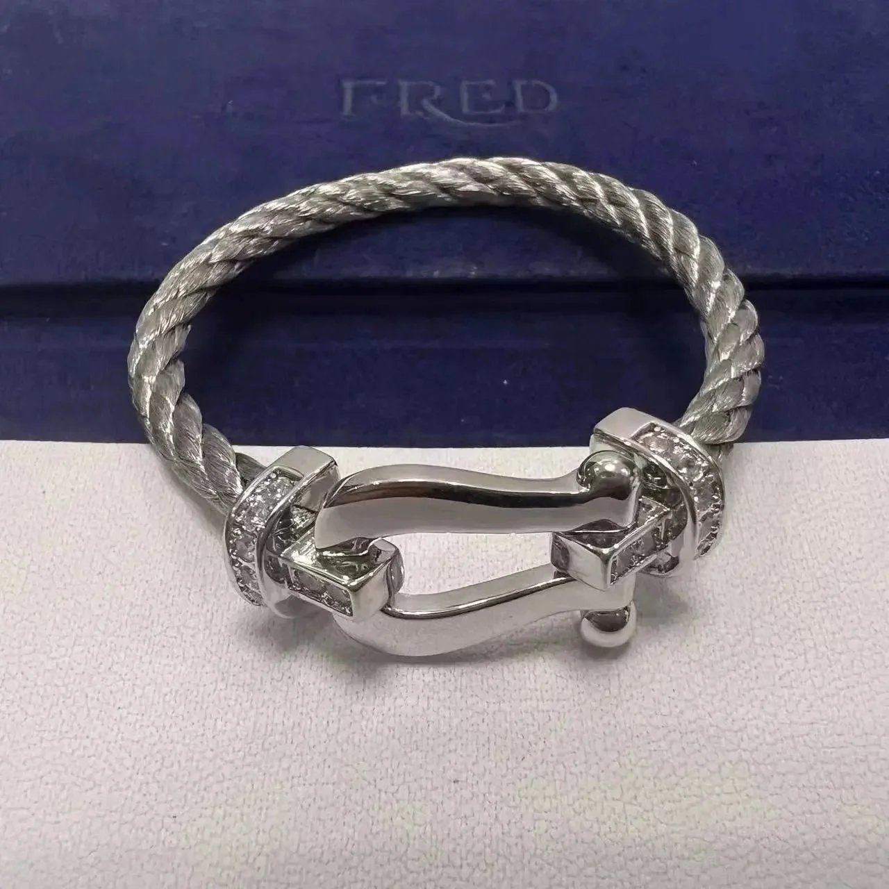 FRED Jewelry Force 10 cable bracelet with buckle clasp — TOP Quality Silver Steel Rope Half Diamond Silver Horseshoe Buckle