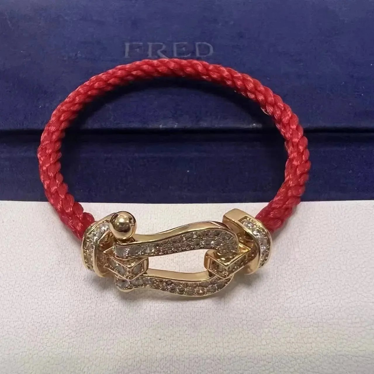 FRED Jewelry Force 10 cable bracelet with buckle clasp — TOP Quality Red Nylon Rope Full Diamond Rose Gold Horseshoe Buckle