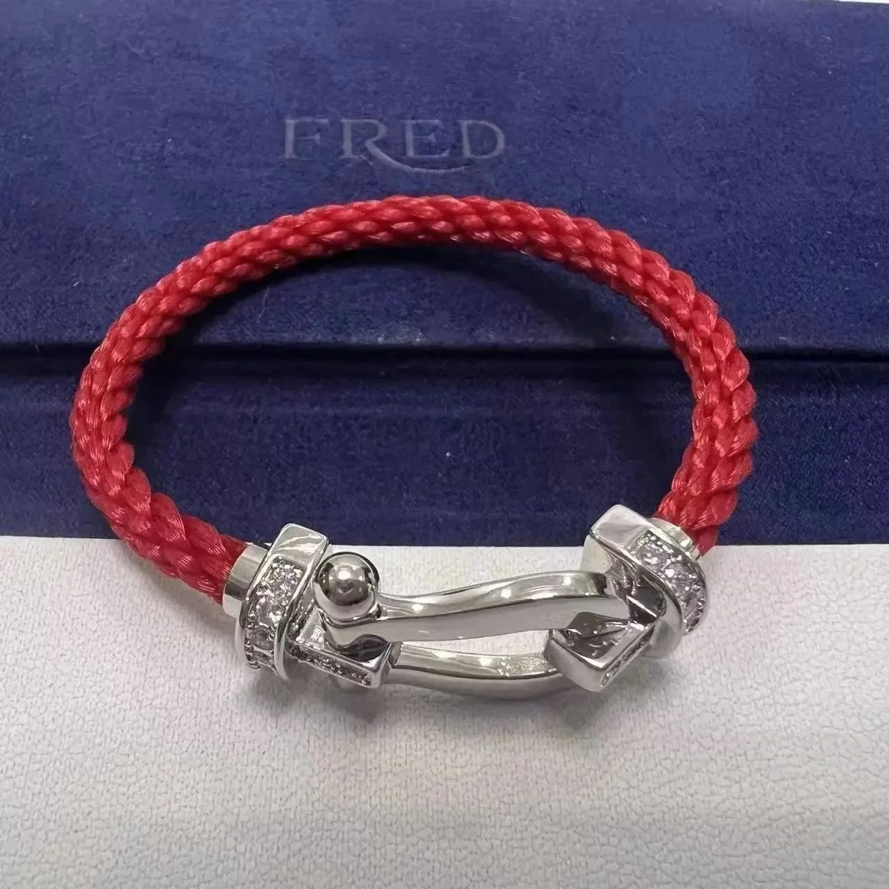 FRED Jewelry Force 10 cable bracelet with buckle clasp — TOP Quality Red Nylon Rope Half Diamond Silver Horseshoe Buckle