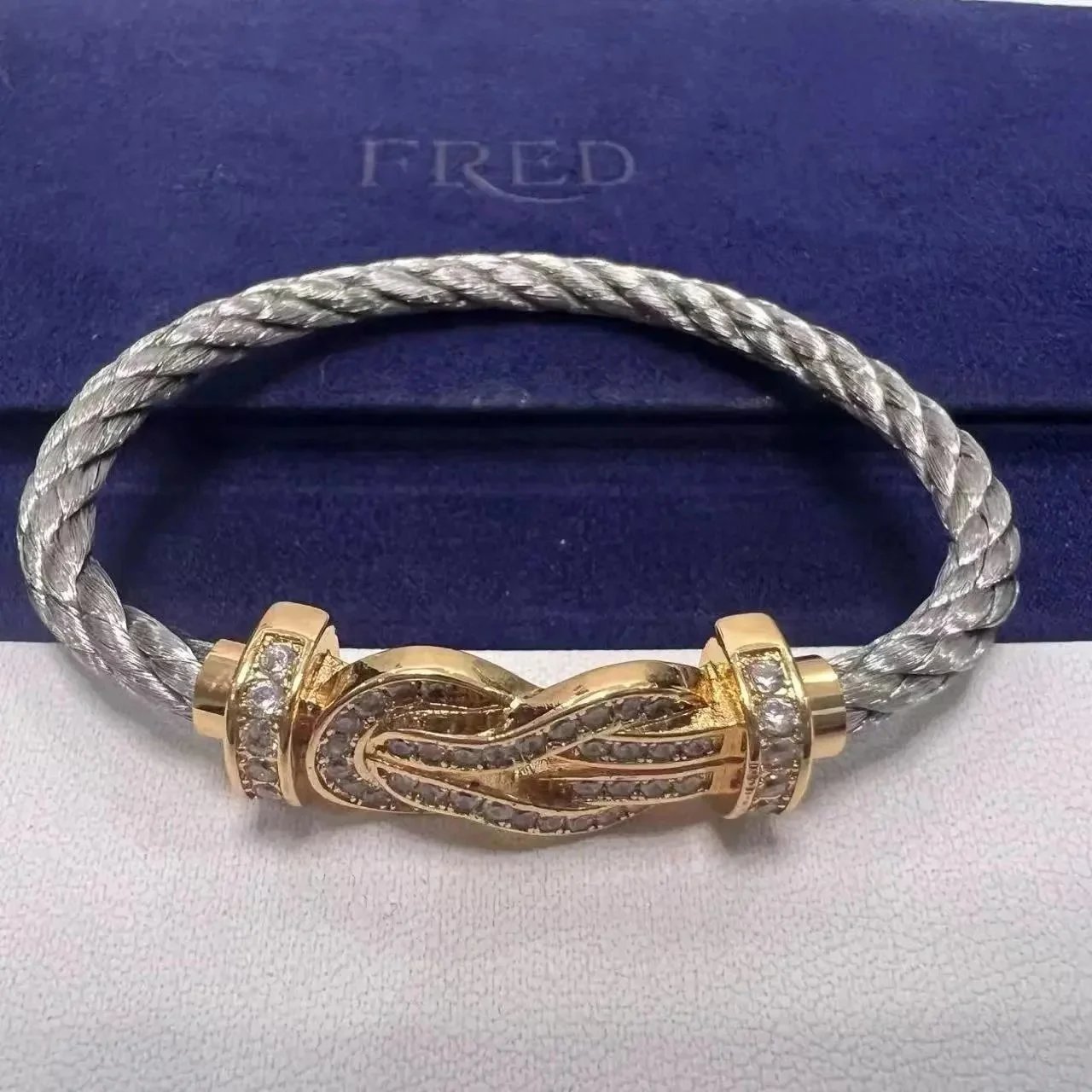 FRED Jewelry Force 10 cable bracelet with buckle clasp — TOP Quality silver steel rope full diamond rose gold eight buckle