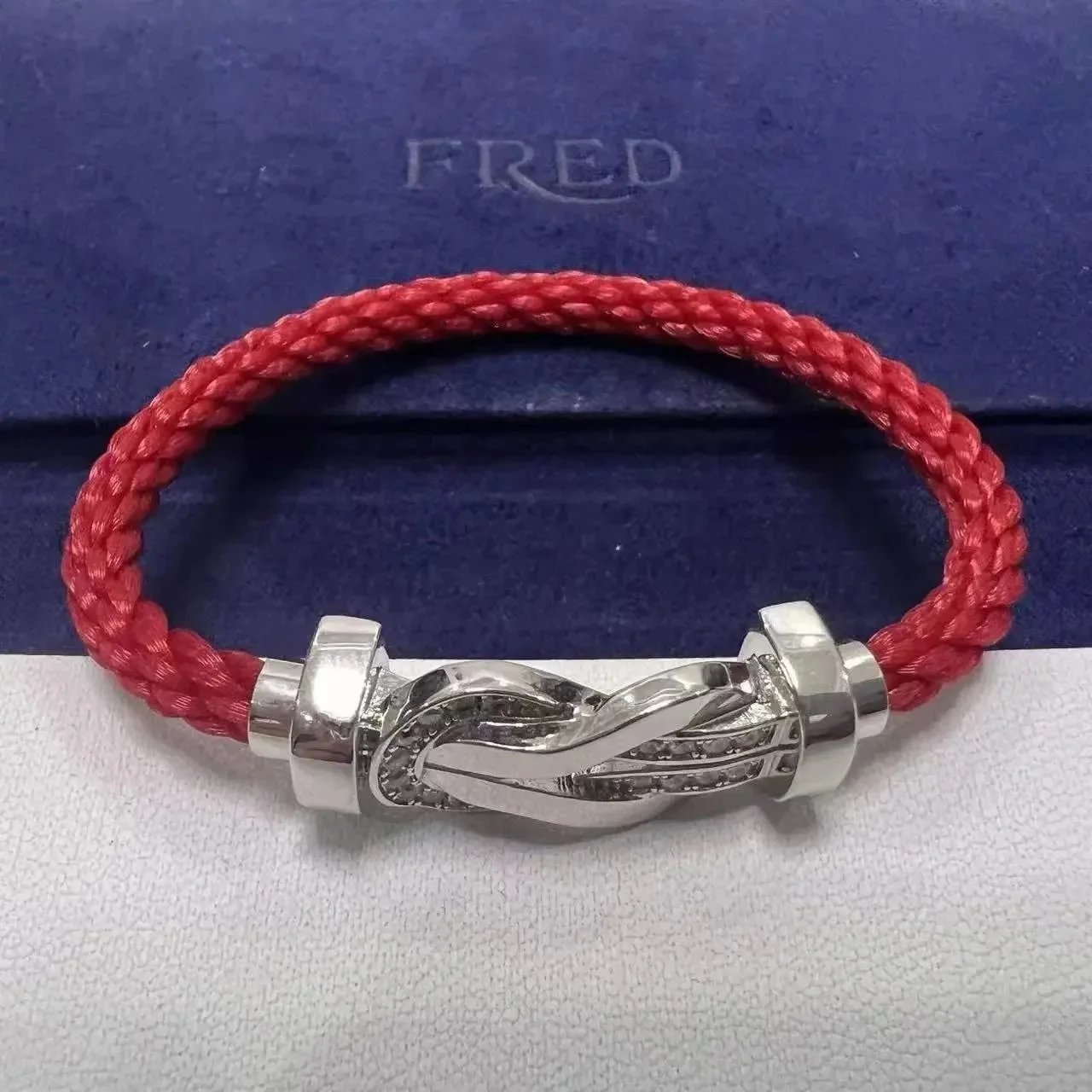 FRED Jewelry Force 10 cable bracelet with buckle clasp — TOP Quality Red Nylon Rope Half Diamond Silver Buckle