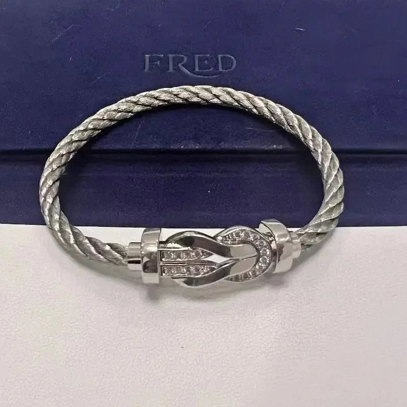 FRED Jewelry Force 10 cable bracelet with buckle clasp — TOP Quality Silver Steel Rope Half Diamond Silver Buckle