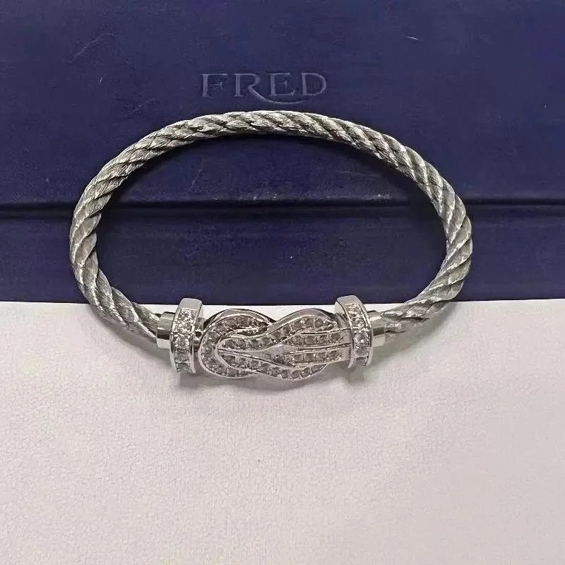 FRED Jewelry Force 10 cable bracelet with buckle clasp — TOP Quality Silver Steel Rope Full Diamond Silver Buckle