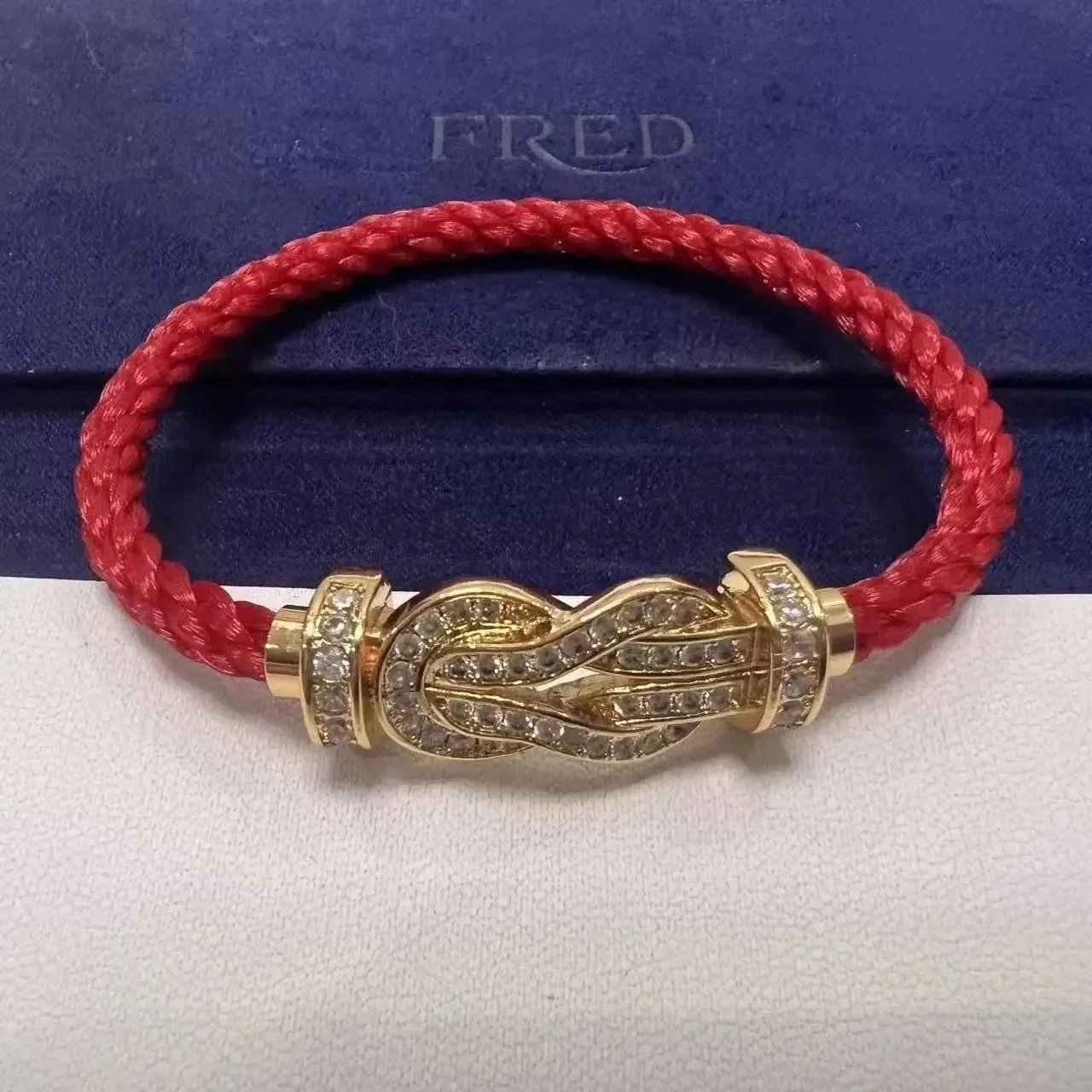 FRED Jewelry Force 10 cable bracelet with buckle clasp — TOP Quality Red Nylon Rope Full Diamond Rose Gold Buckle