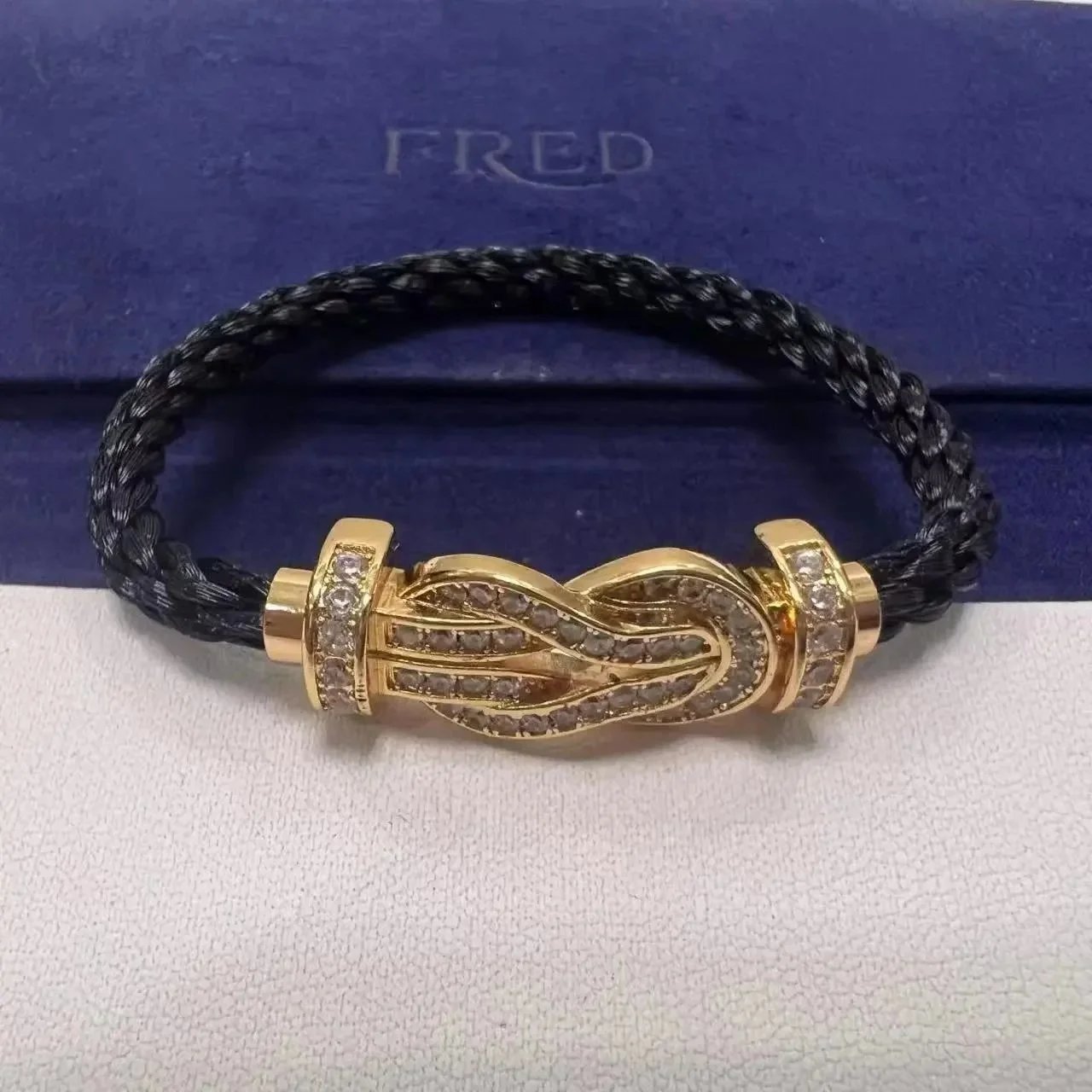 FRED Jewelry Force 10 cable bracelet with buckle clasp — TOP Quality Black Nylon Rope Full Diamond Rose Gold Buckle