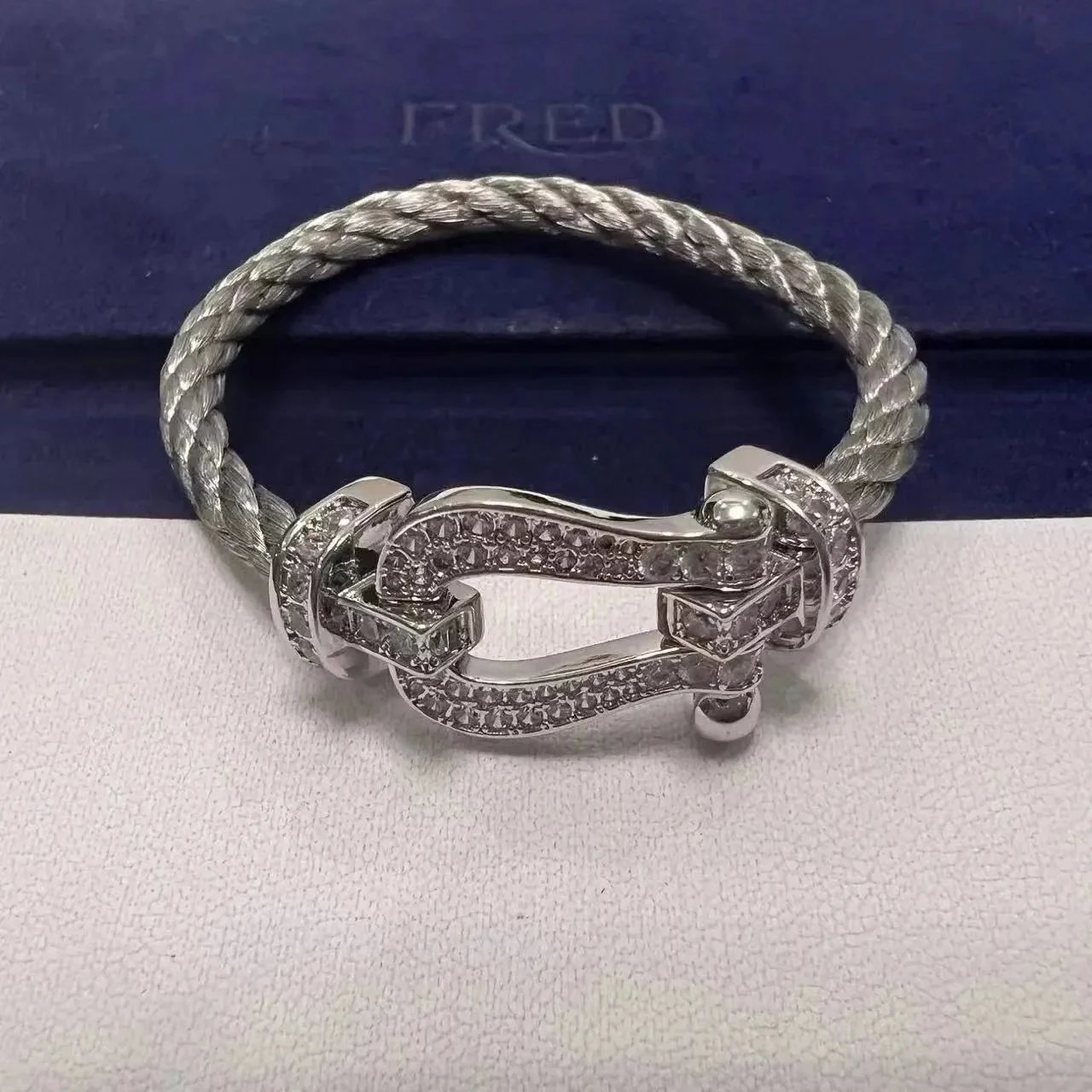 FRED Jewelry Force 10 cable bracelet with buckle clasp — TOP Quality silver steel rope full diamond silver horseshoe buckle