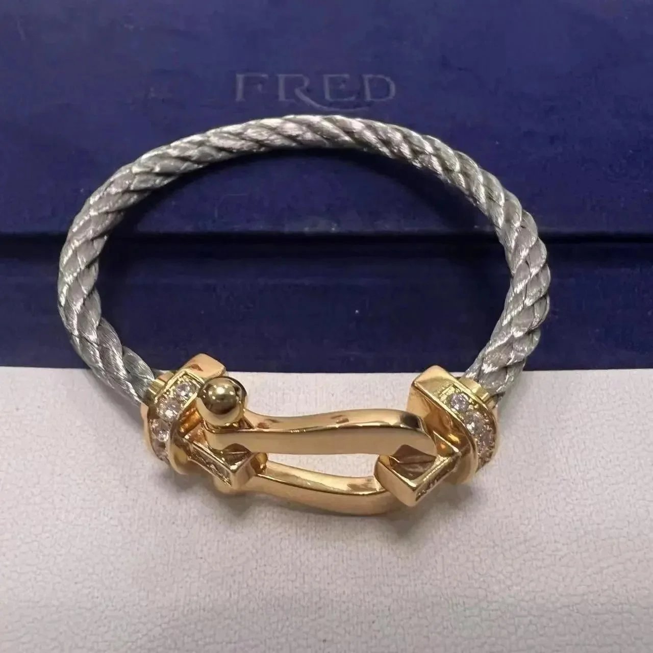 FRED Jewelry Force 10 cable bracelet with buckle clasp — TOP Quality Silver Steel Rope Half Diamond Rose Gold Horseshoe Buckle