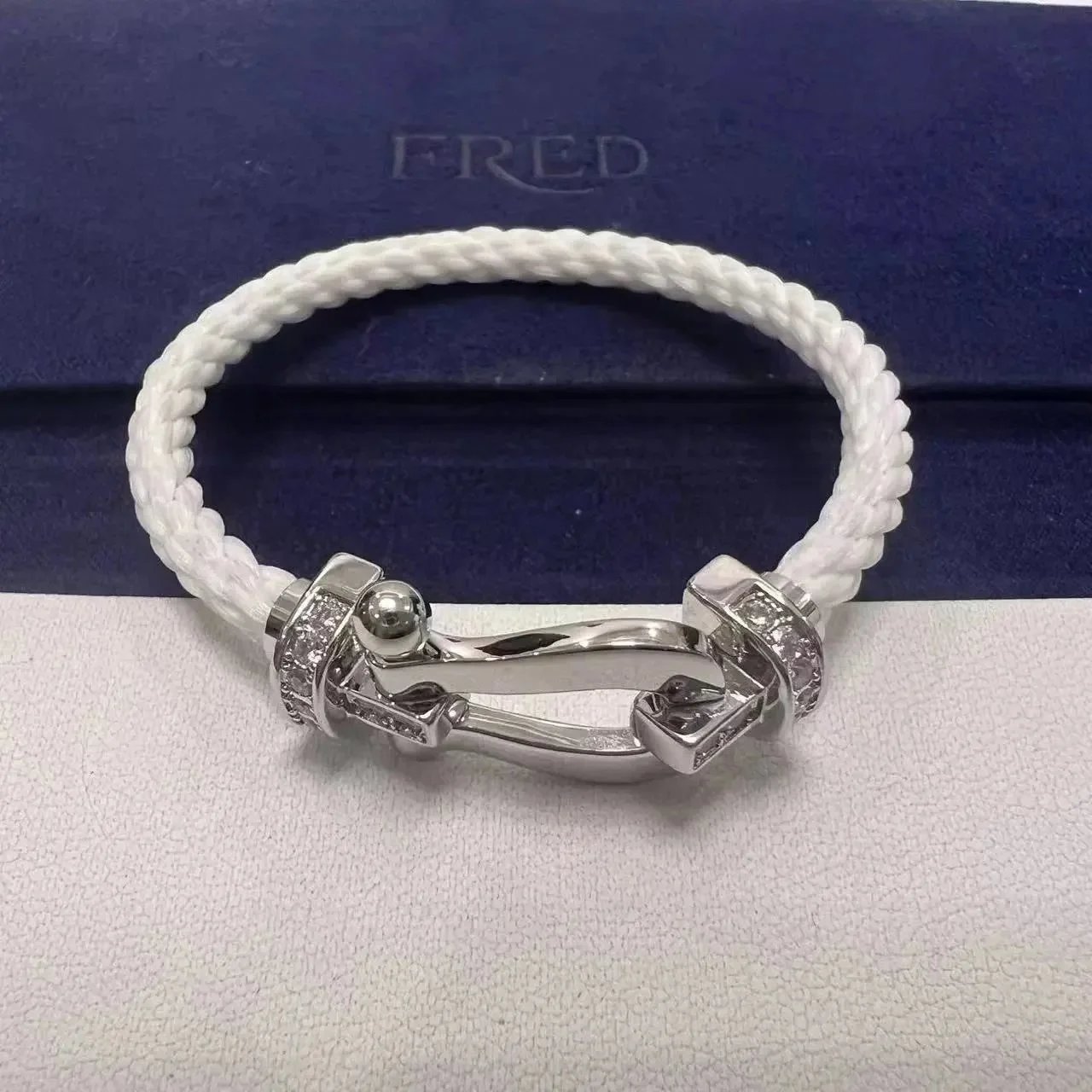 FRED Jewelry Force 10 cable bracelet with buckle clasp — TOP Quality White Nylon Rope Half Diamond Silver Horseshoe Buckle