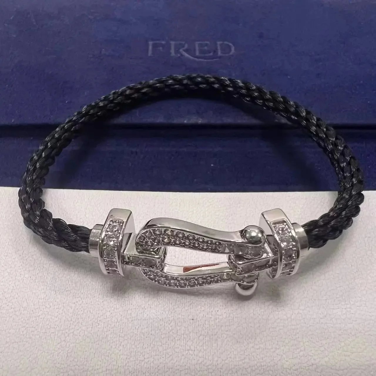 FRED Jewelry Force 10 cable bracelet with buckle clasp — TOP Quality Black Nylon Rope Diamond Silver Horseshoe Buckle