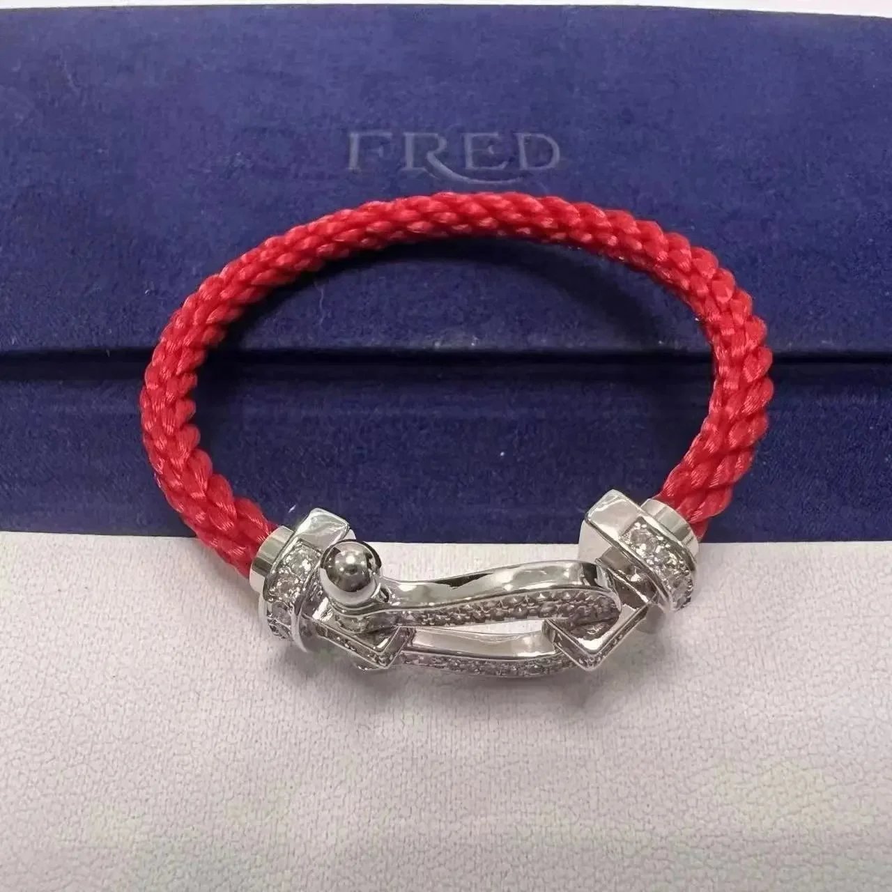 FRED Jewelry Force 10 cable bracelet with buckle clasp — TOP Quality red nylon rope full diamond silver horseshoe buckle