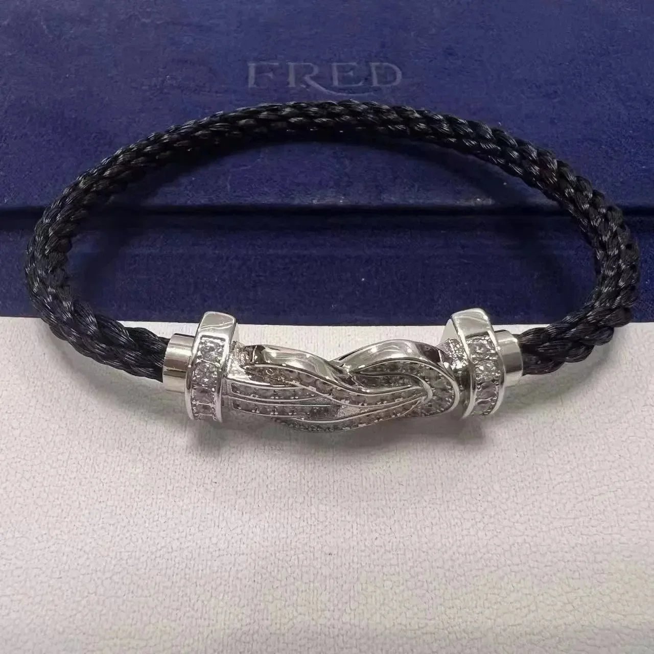 FRED Jewelry Force 10 cable bracelet with buckle clasp — TOP Quality Black Nylon Rope Full Diamond Silver Buckle