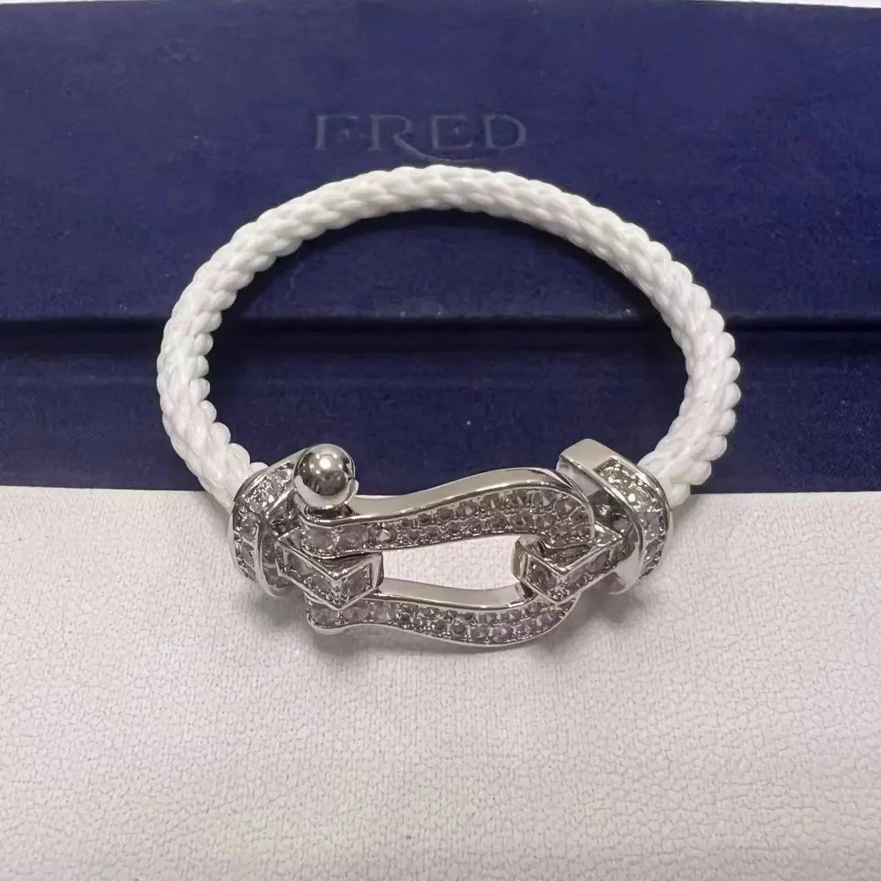 FRED Jewelry Force 10 cable bracelet with buckle clasp — TOP Quality white nylon rope full diamond silver horseshoe buckle