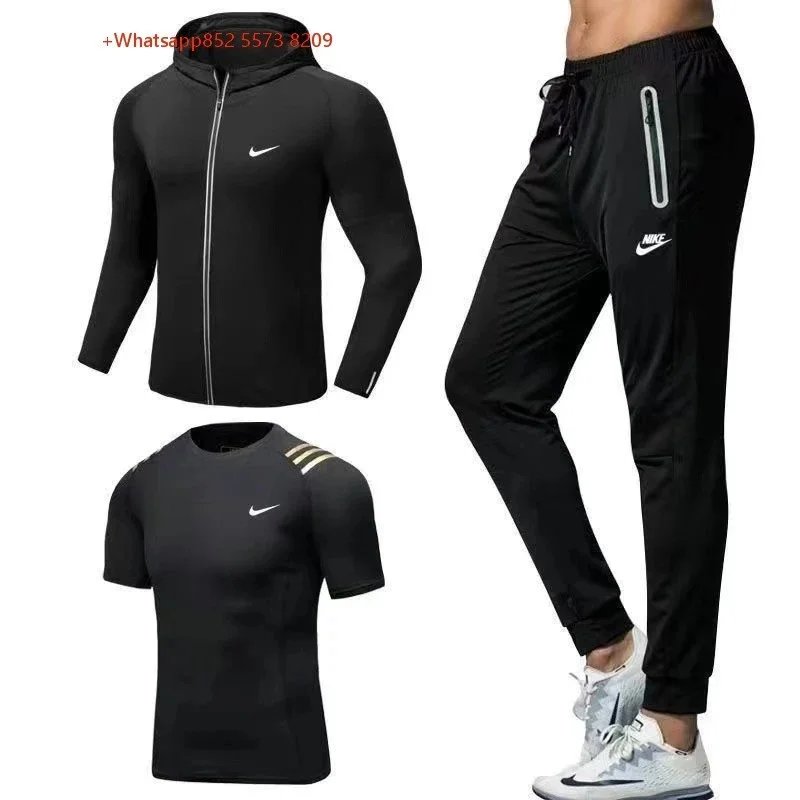 Nike Jackets Hooded colour-block zip windbreaker — NK Black Gold Coat Three-Piece Set