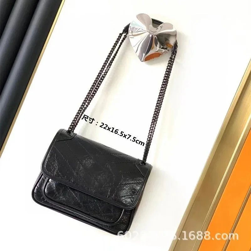 Chain Shoulder Bag Black Crinkled Leather