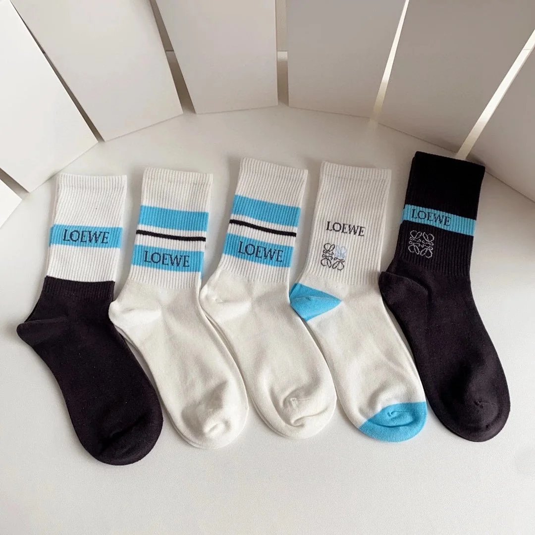 Loewe Anagram Logo Crew Socks in Burgundy, Navy, White, Gray, Beige - 11