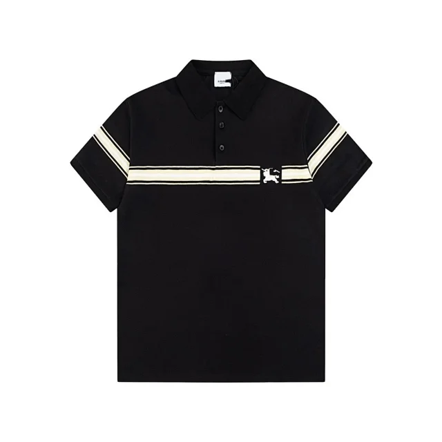 Burberry T-Shirts Short-Sleeve Polo with Striped Collar and Equestrian Knight Embroidery product detail image 17