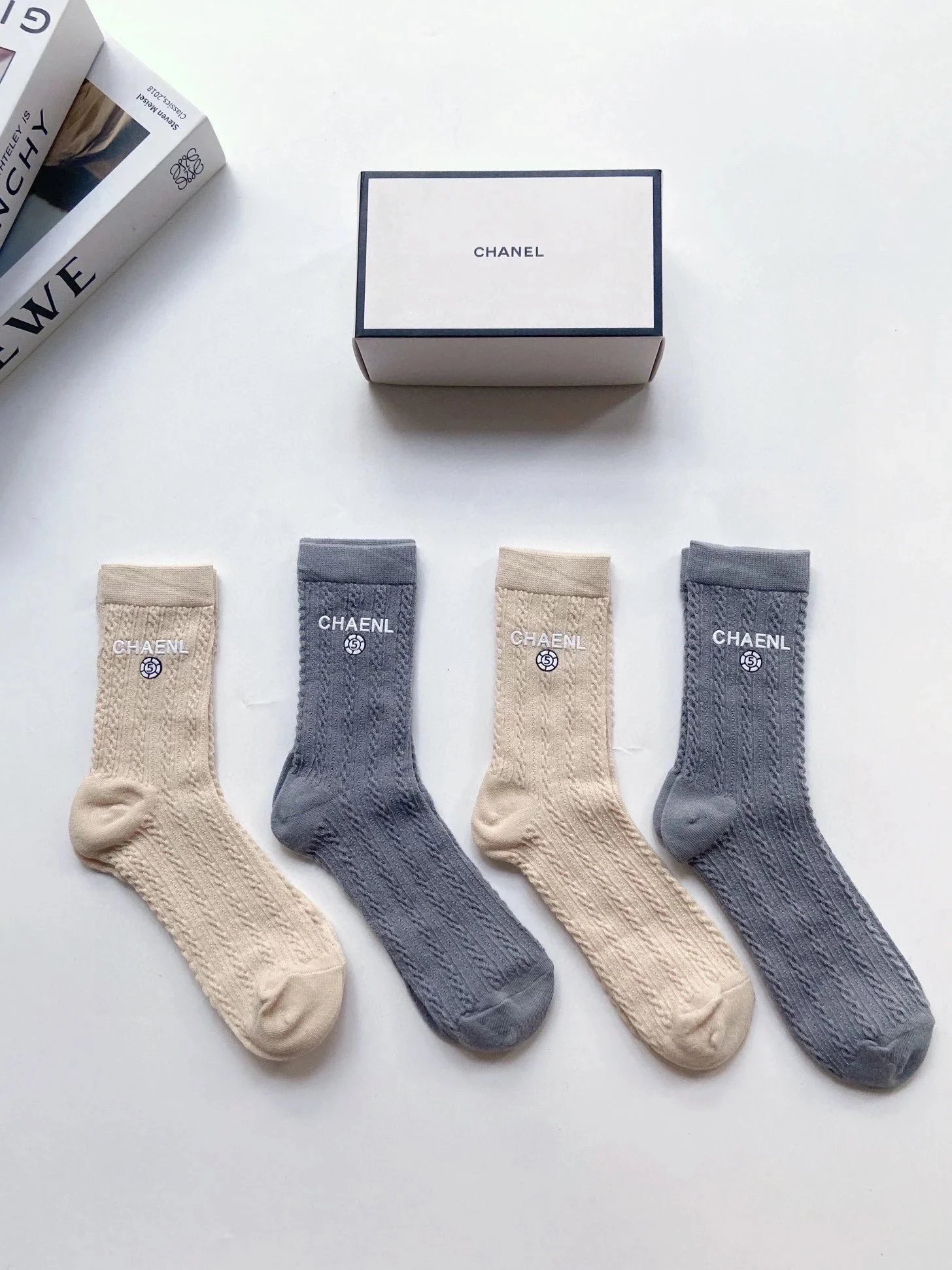 Chanel Logo Grid Ankle Socks in Navy and White - 5