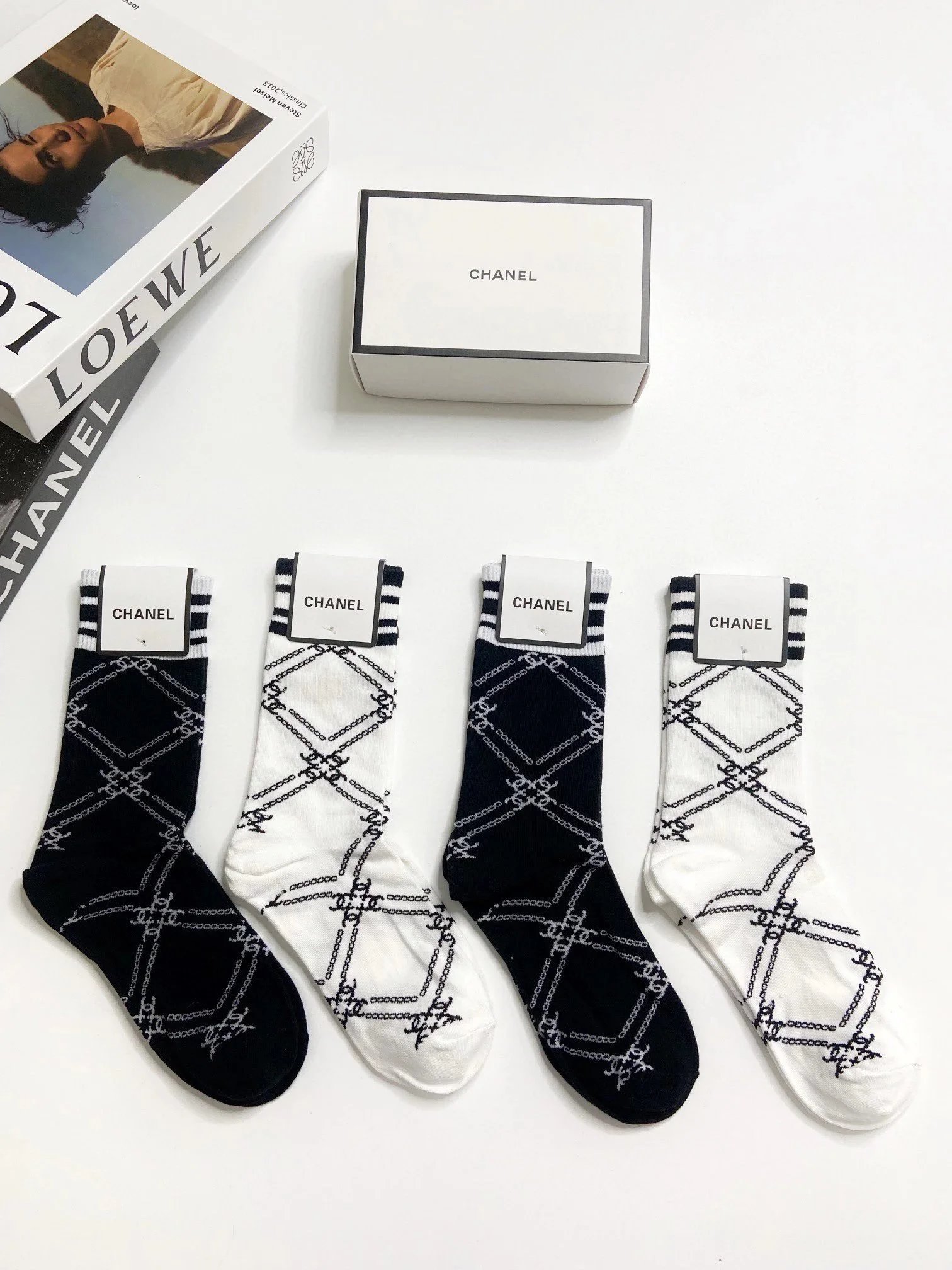 Chanel Striped Logo Socks Black and White - 4