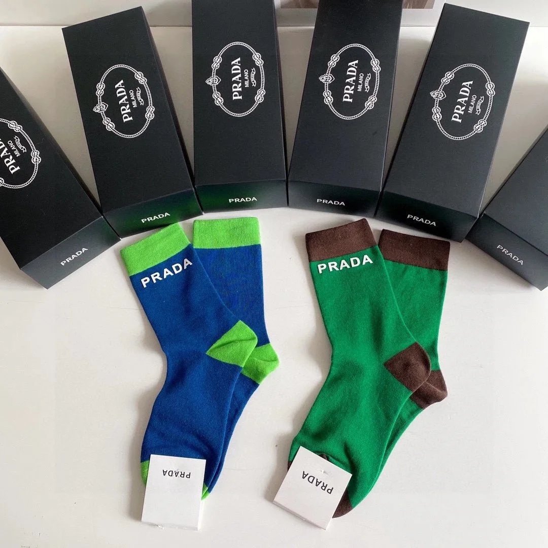 Prada Logo Stripe Crew Socks in White, Black, and Gray - 10