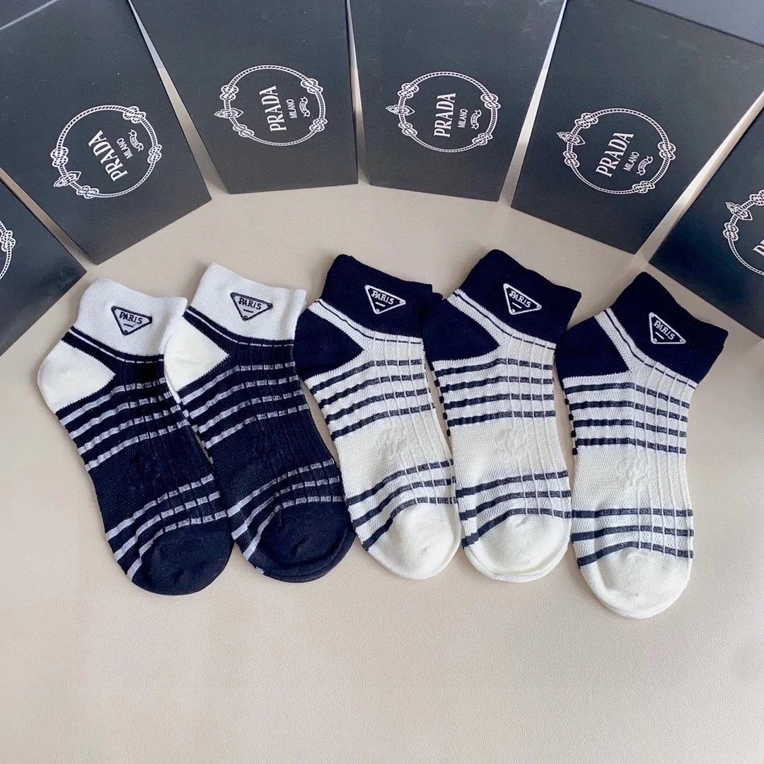 Prada Logo Stripe Crew Socks in White, Black, and Gray - 11