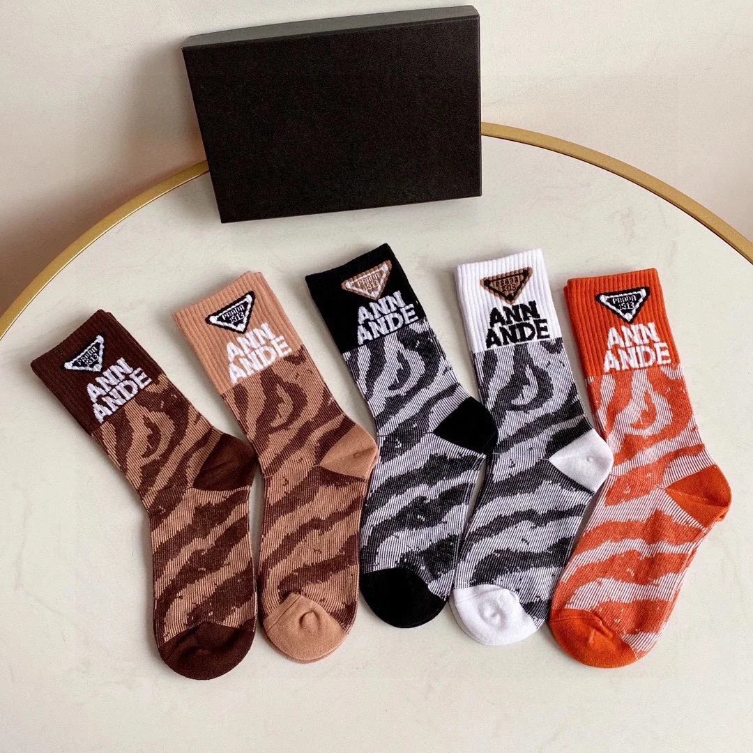 Prada Logo Stripe Crew Socks in White, Black, and Gray - 14