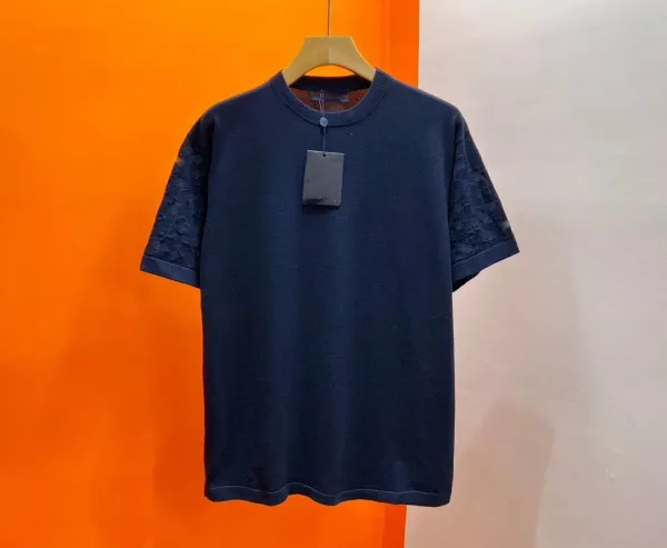 Design Knit T-Shirt with Lace Sleeve Detail Navy Blue T-Shirt - 1
