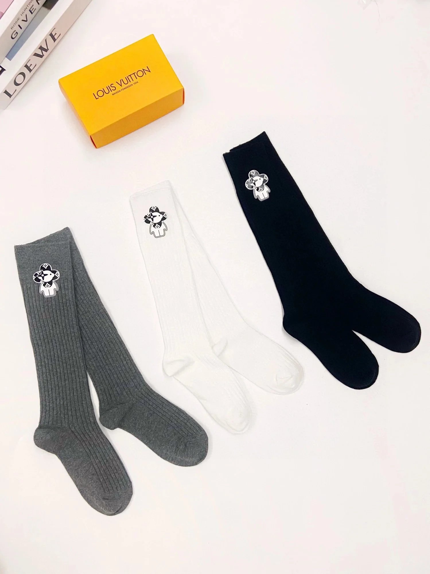 Louis Vuitton LV Monogram Embroidered Knee-High Socks Black and White - 6
