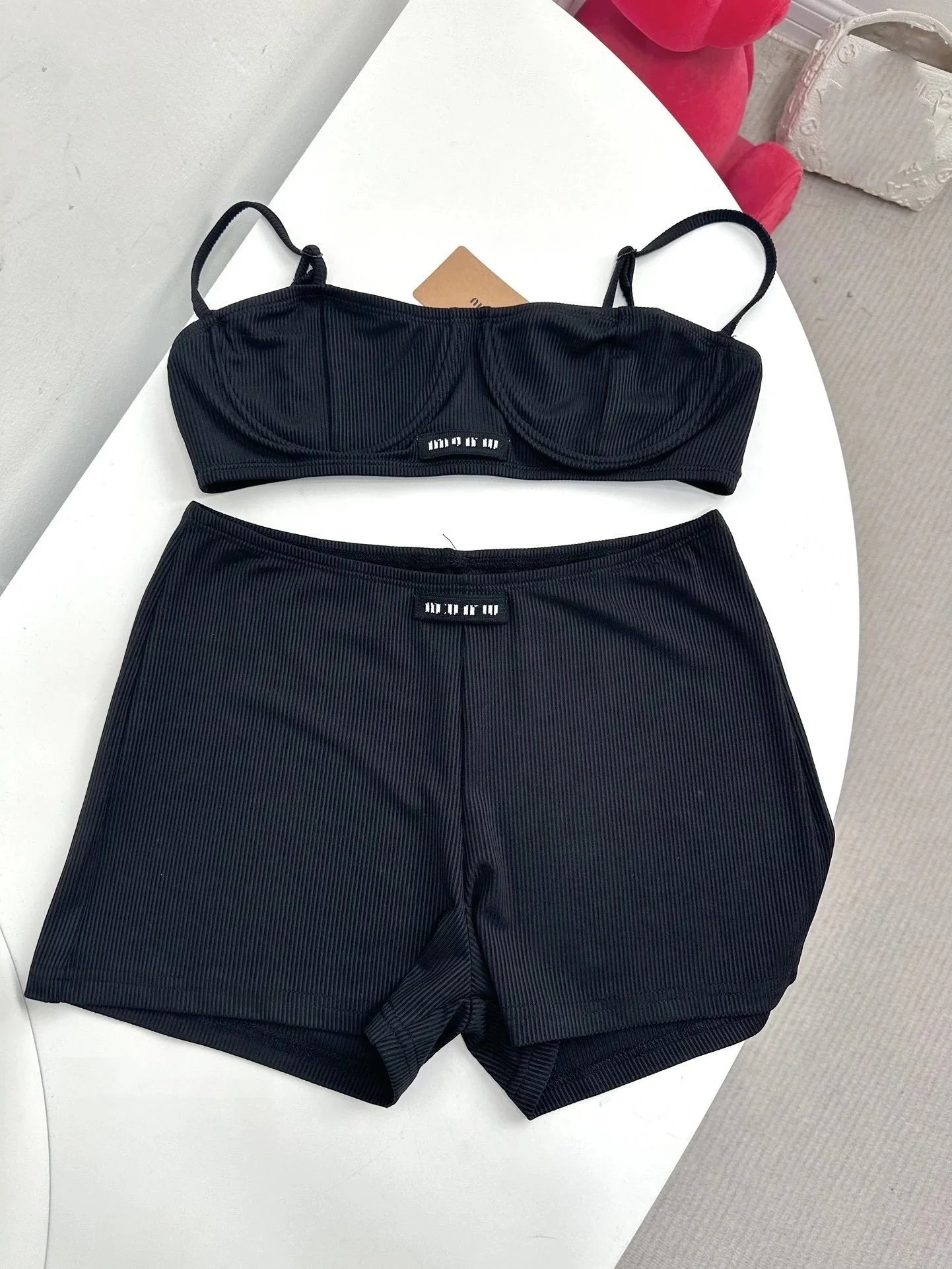 Prada Re-Nylon Triangle Logo Black Bikini Top and A-Line Skirt Set - 11