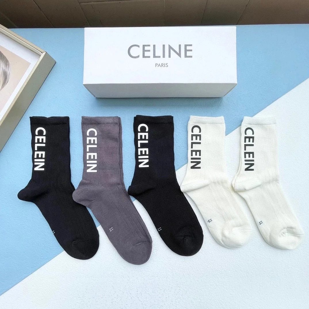 Celine Logo Stripe Socks Black and White - 5