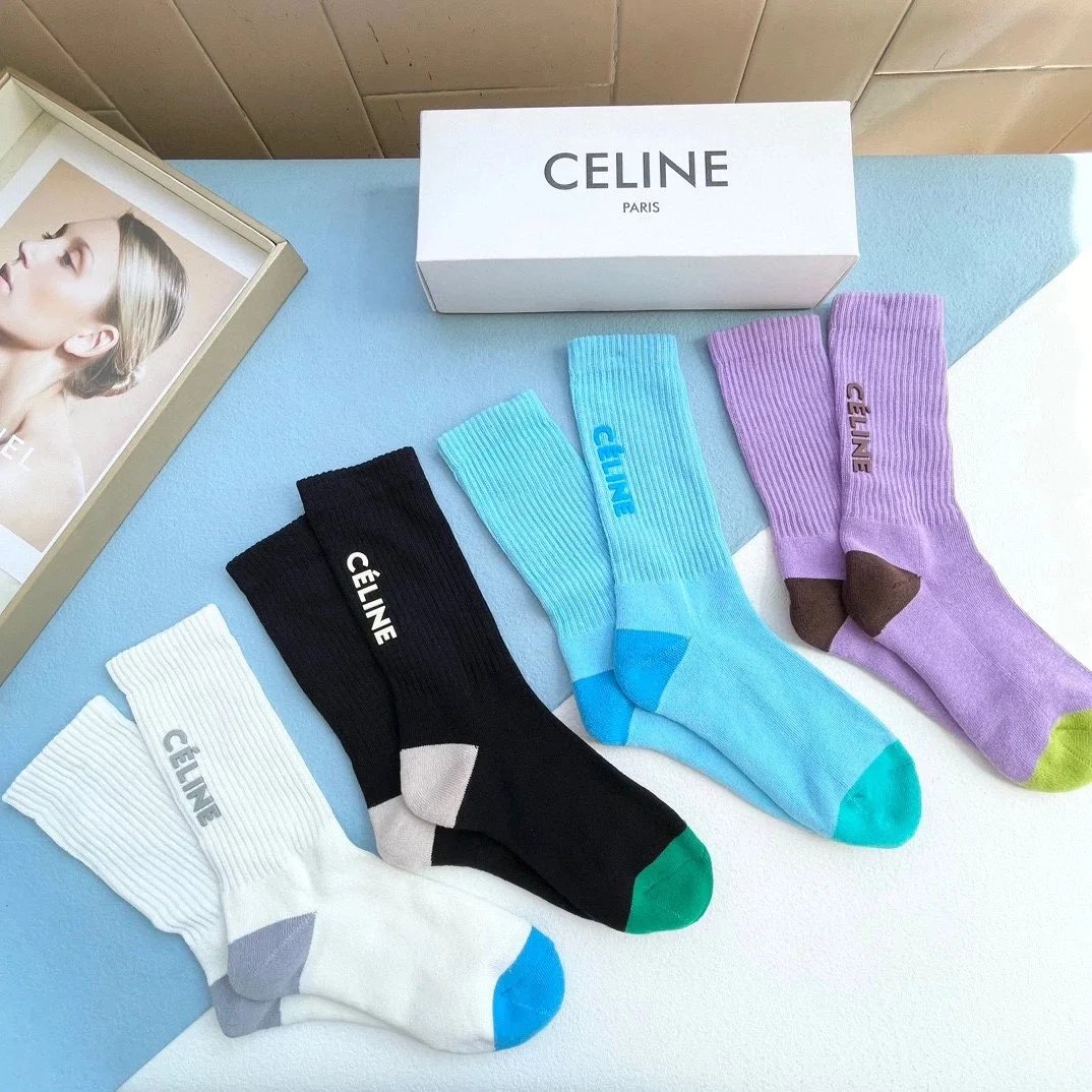 Celine Logo Stripe Socks Black and White - 6