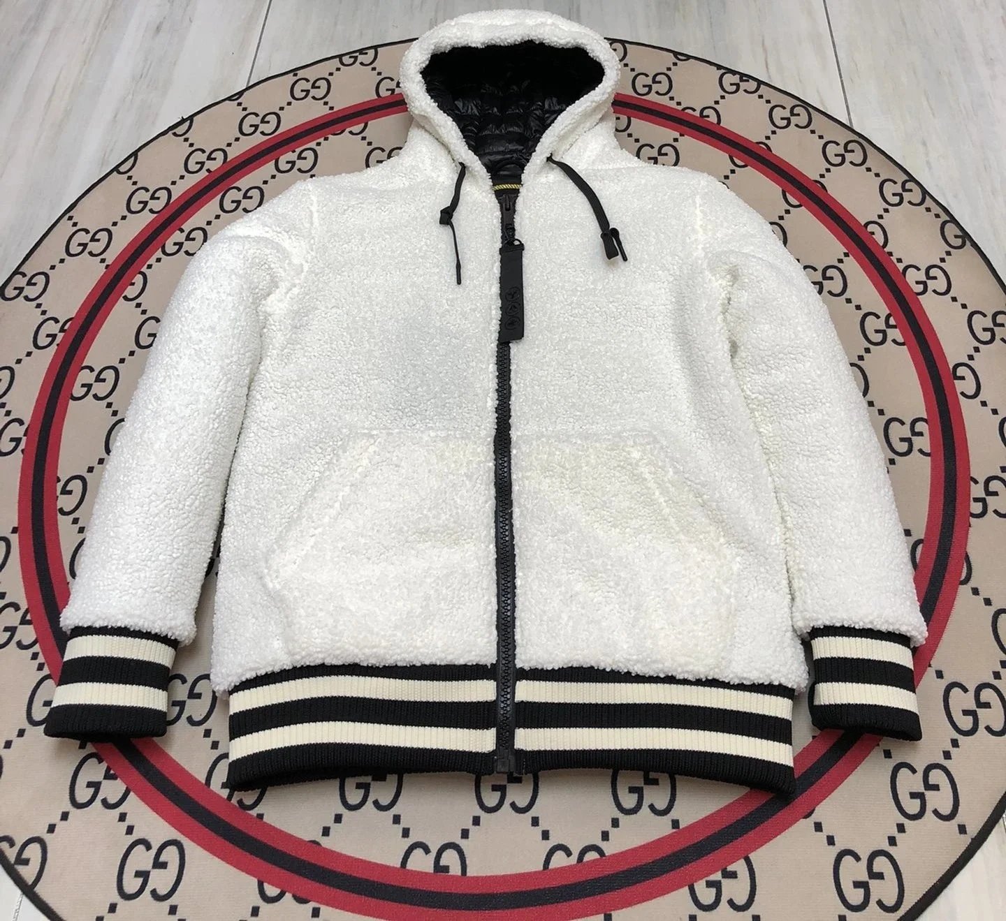 Gucci Teddy Fleece Hooded Jacket Black with Cream Stripes Outerwear - 2
