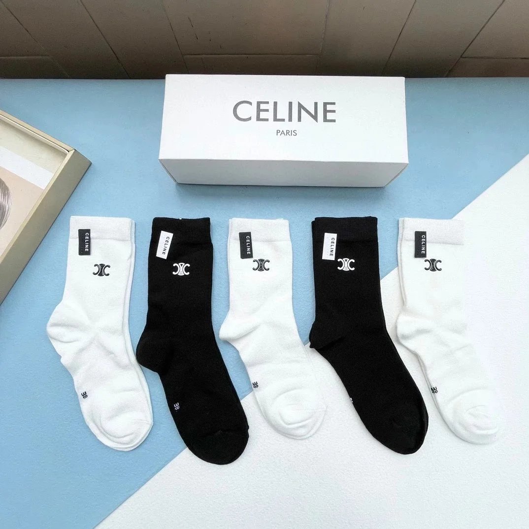 Celine Logo Stripe Socks Black and White - 4