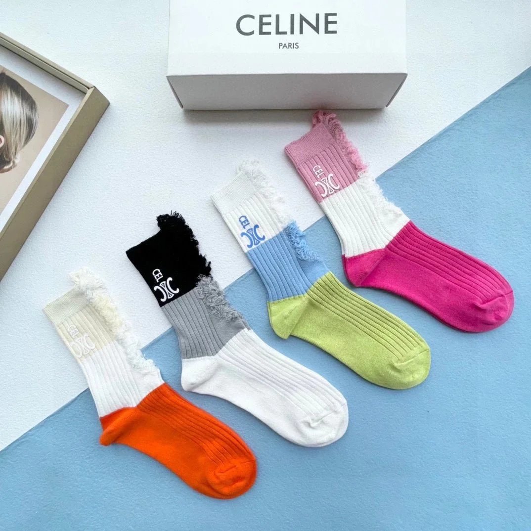 Celine Logo Stripe Socks Black and White - 11