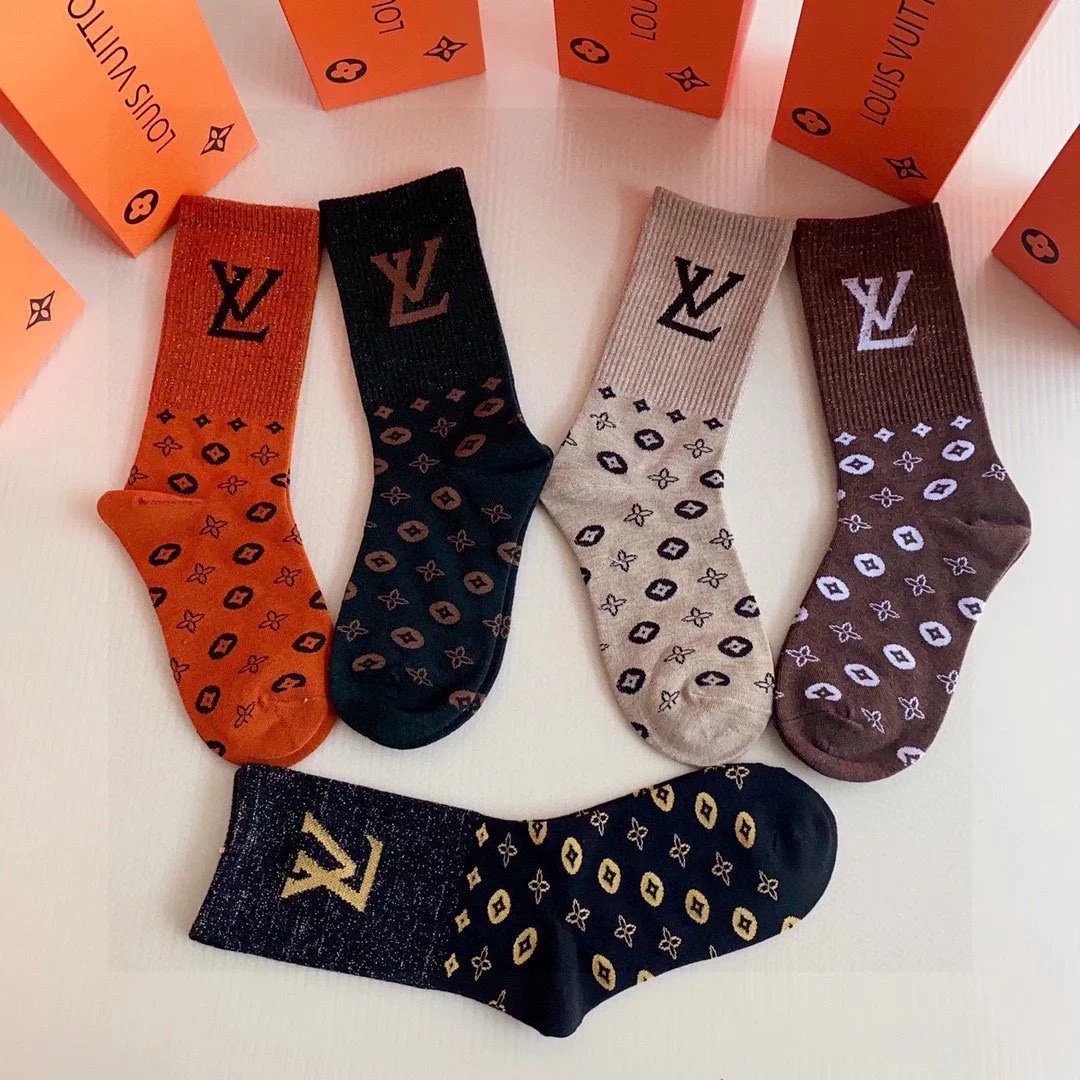 Loewe Anagram Logo Crew Socks in Burgundy, Navy, White, Gray, Beige - 15