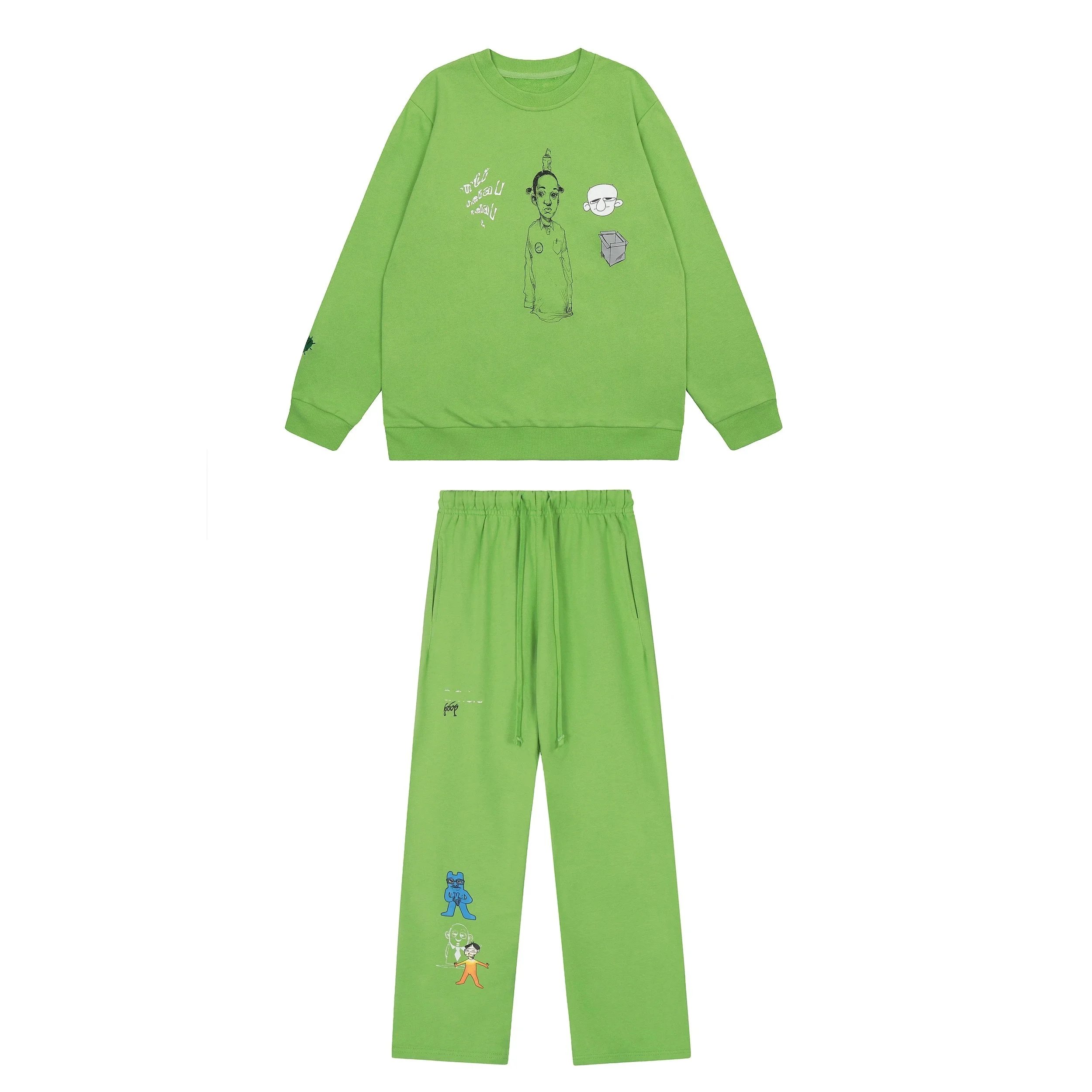 Design Graphic Print Olive Green Sweatshirt and Sweatpants Set - 4