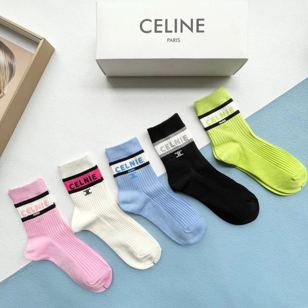 Celine Logo Stripe Socks Black and White - 8