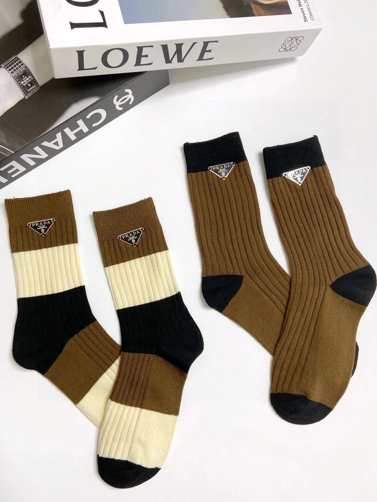 Prada Logo Stripe Crew Socks in White, Black, and Gray - 4