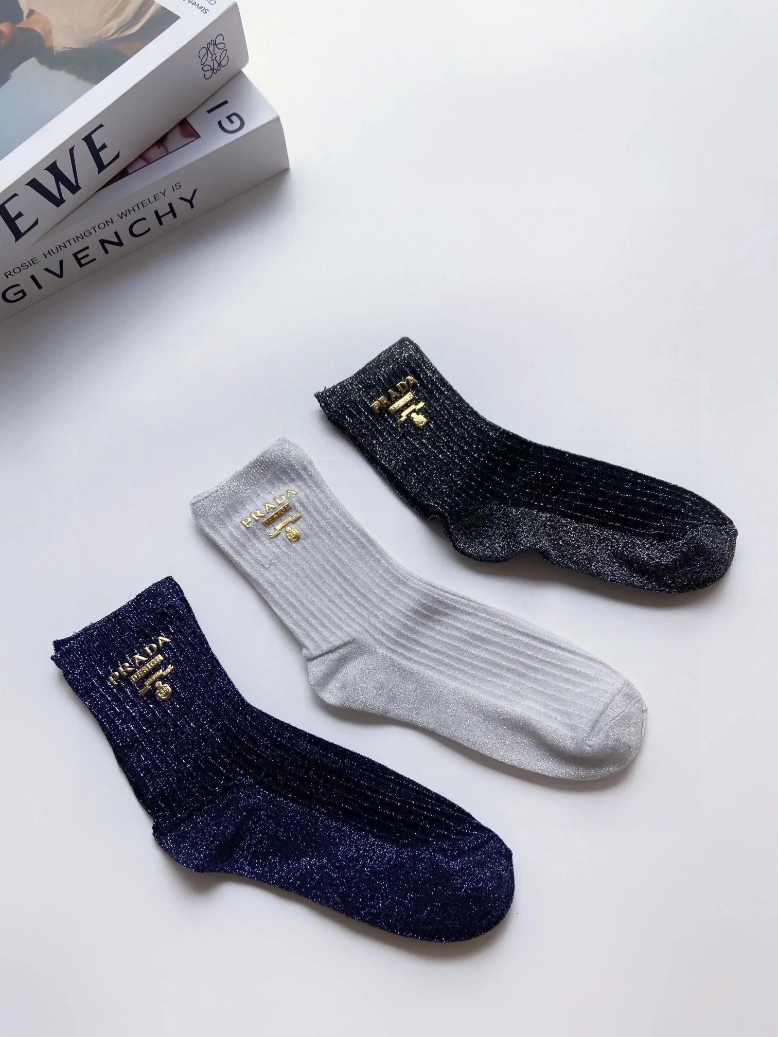 Prada Logo Stripe Crew Socks in White, Black, and Gray - 8
