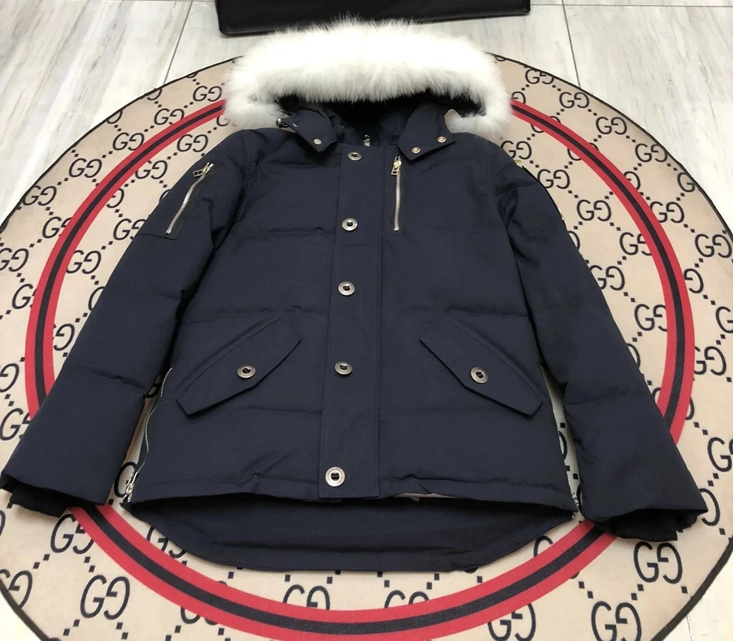 Gucci Teddy Fleece Hooded Jacket Black with Cream Stripes Outerwear - 3