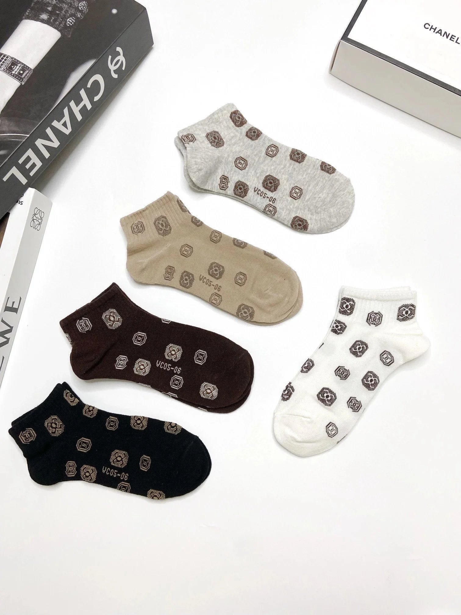 Chanel Logo Grid Ankle Socks in Navy and White - 11