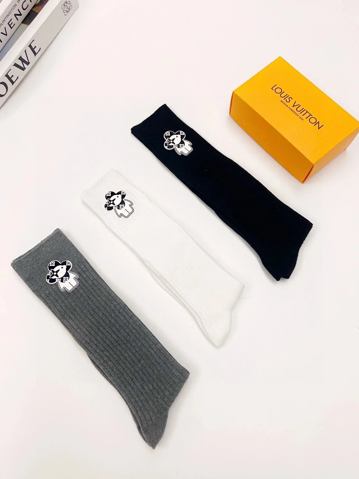 Loewe Anagram Logo Crew Socks in Burgundy, Navy, White, Gray, Beige - 4