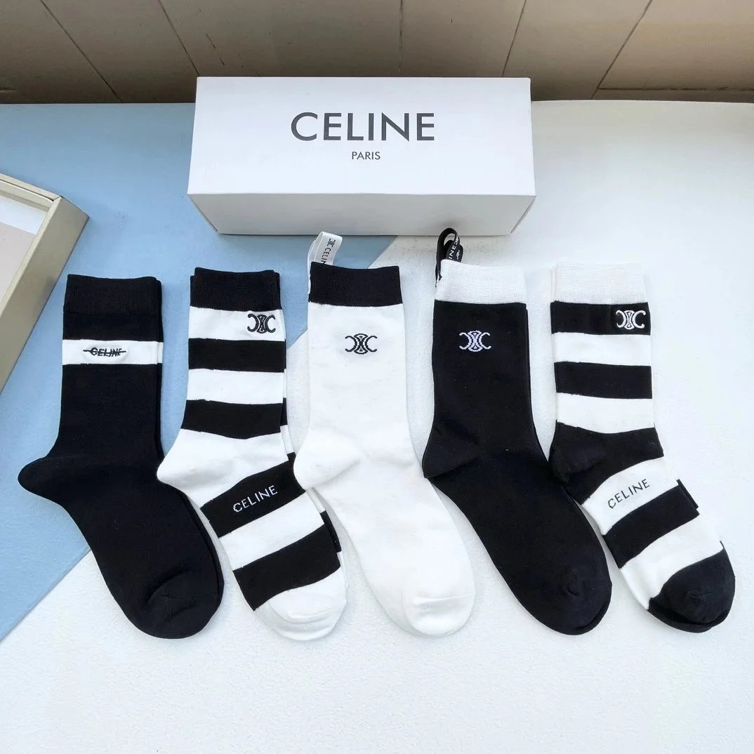 Celine Céline Paris Logo Print Socks Black and White Socks - 6