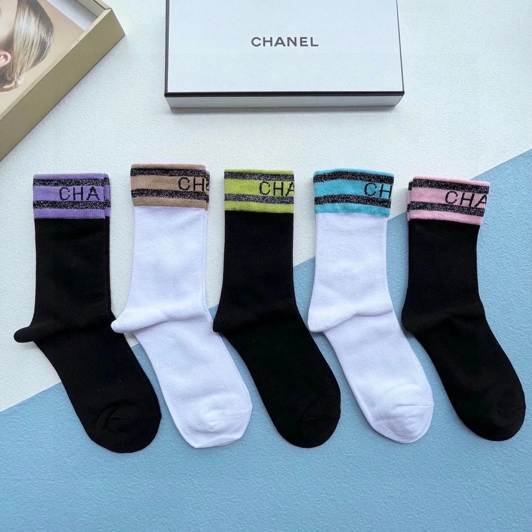 Chanel Striped Logo Socks Black and White - 8
