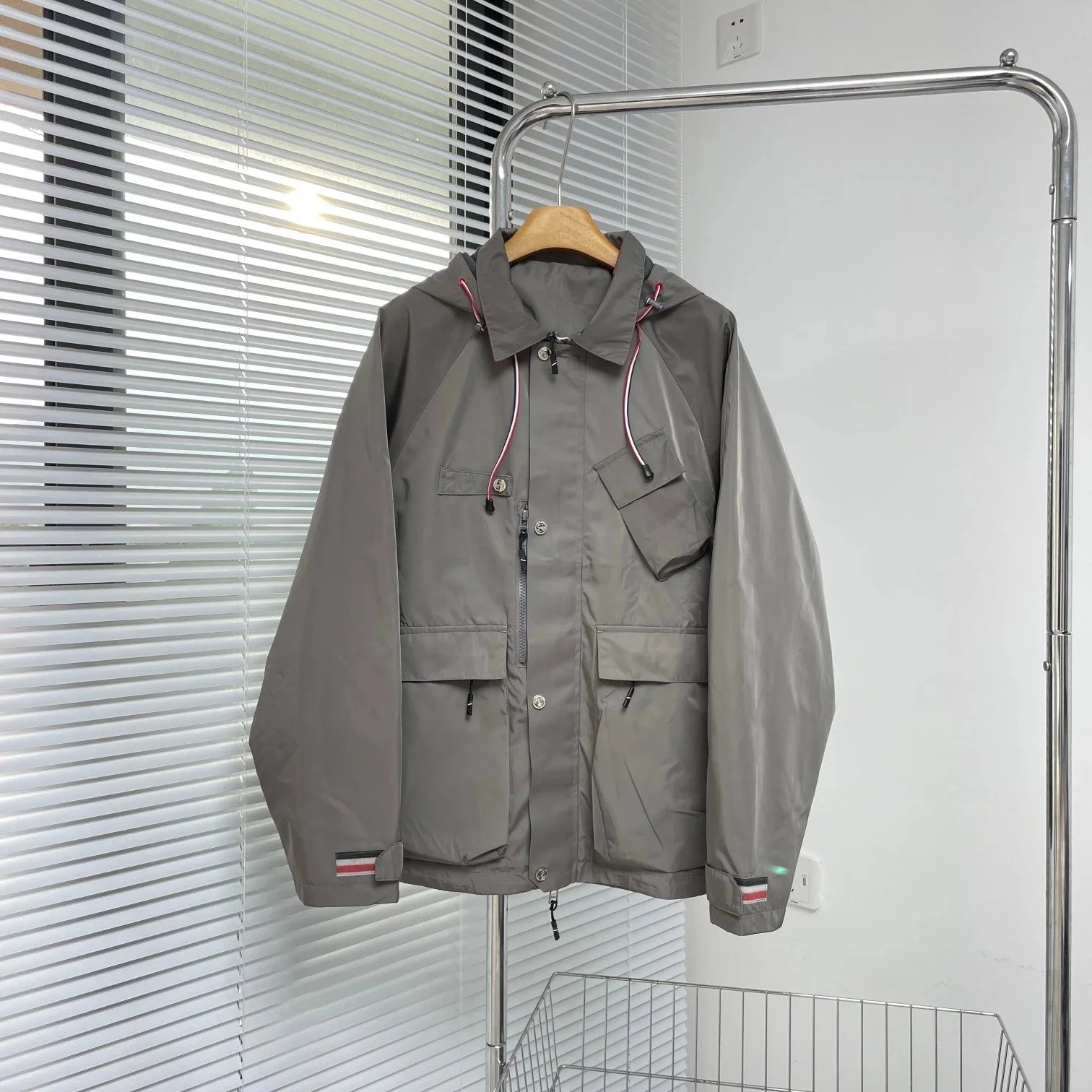 Thom Browne Windbreaker Gray with Four-Bar Stripe Jacket Outerwear - 6