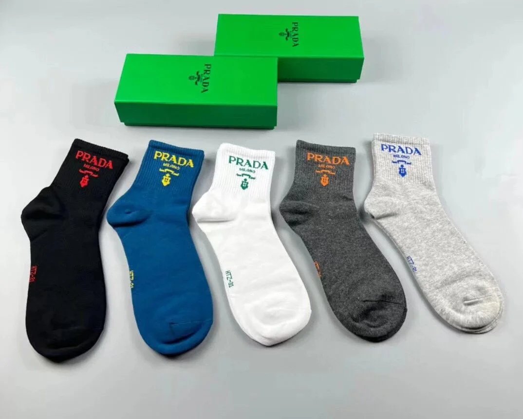 Prada Logo Stripe Crew Socks in White, Black, and Gray - 13