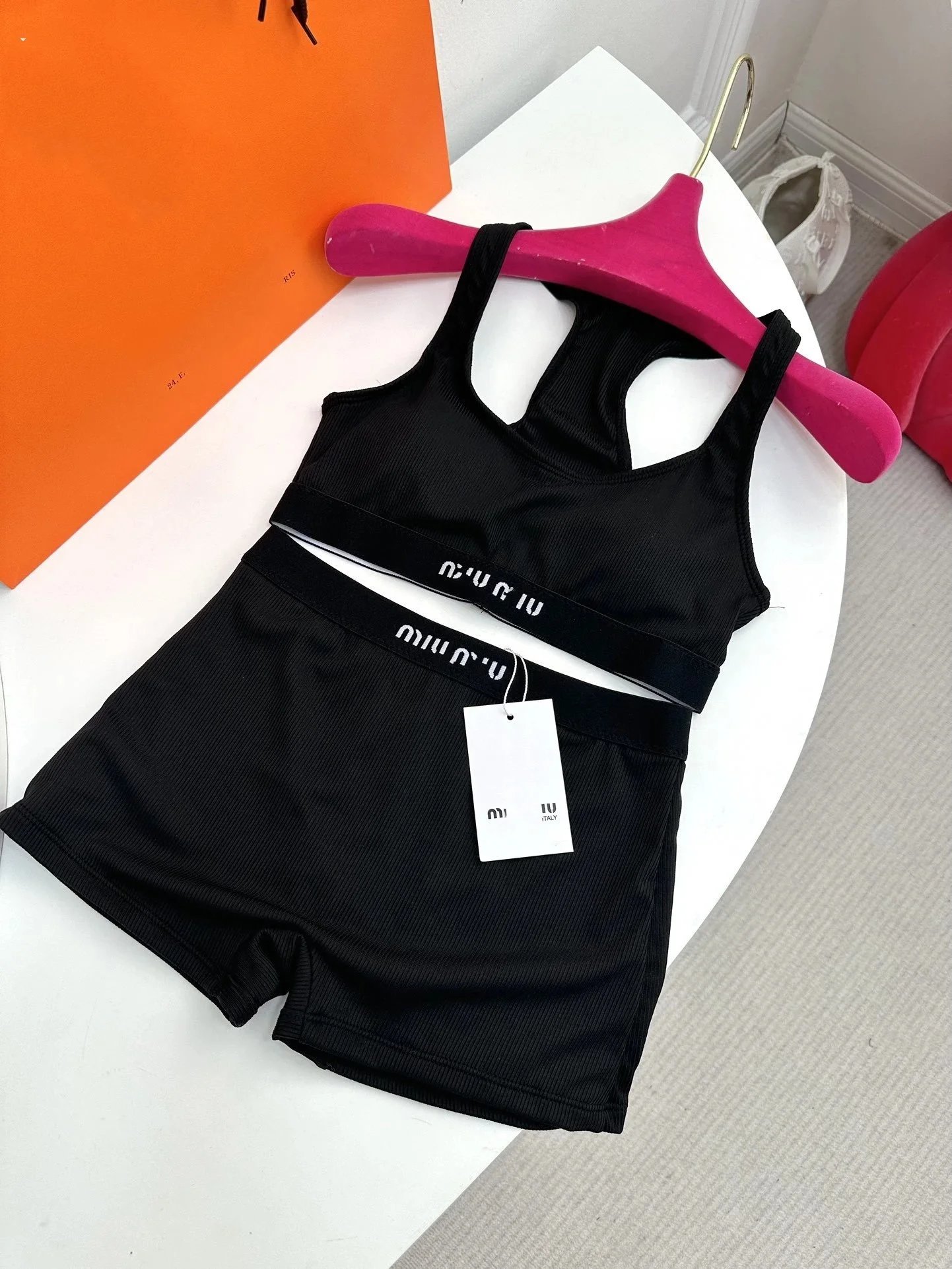 Prada Re-Nylon Triangle Logo Black Bikini Top and A-Line Skirt Set - 12