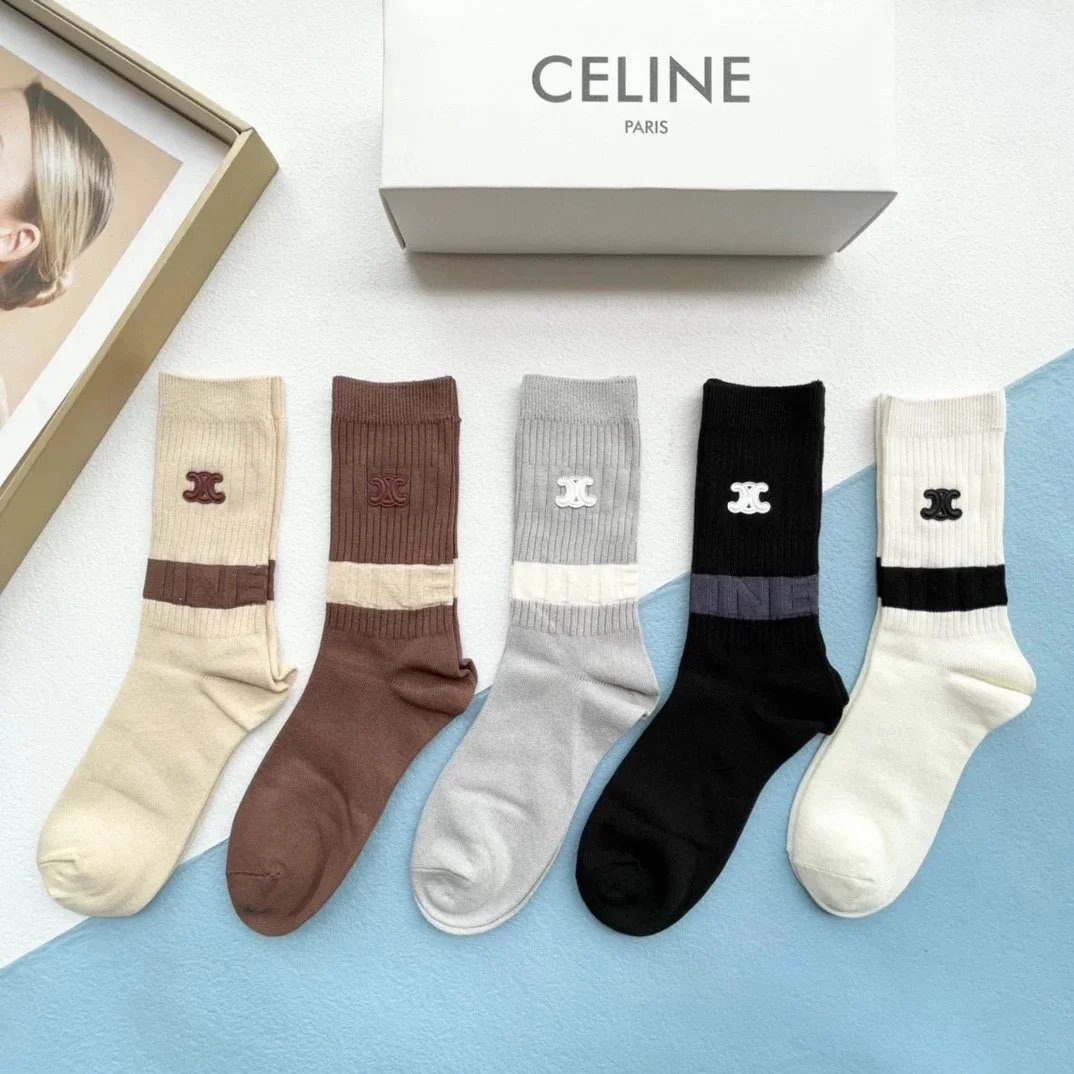 Celine Logo Stripe Socks Black and White - 13